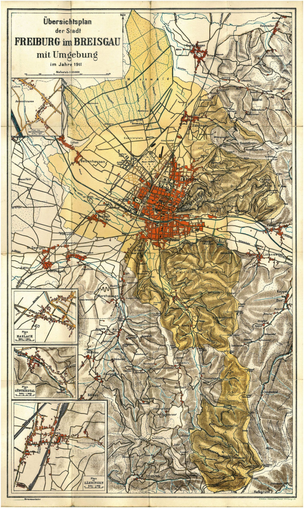 Detailed old map of Freiburg, Germany, showing streets, buildings, and landmarks with text at the top and bottom.