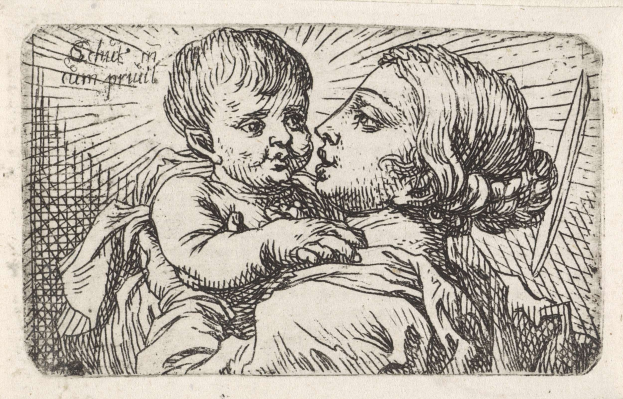 Schwarz-weiß-Zeichnung einer Frau, die ein Baby hält, betitelt "Mutter und Kind" mit sanften Gesichtsausdrücken.