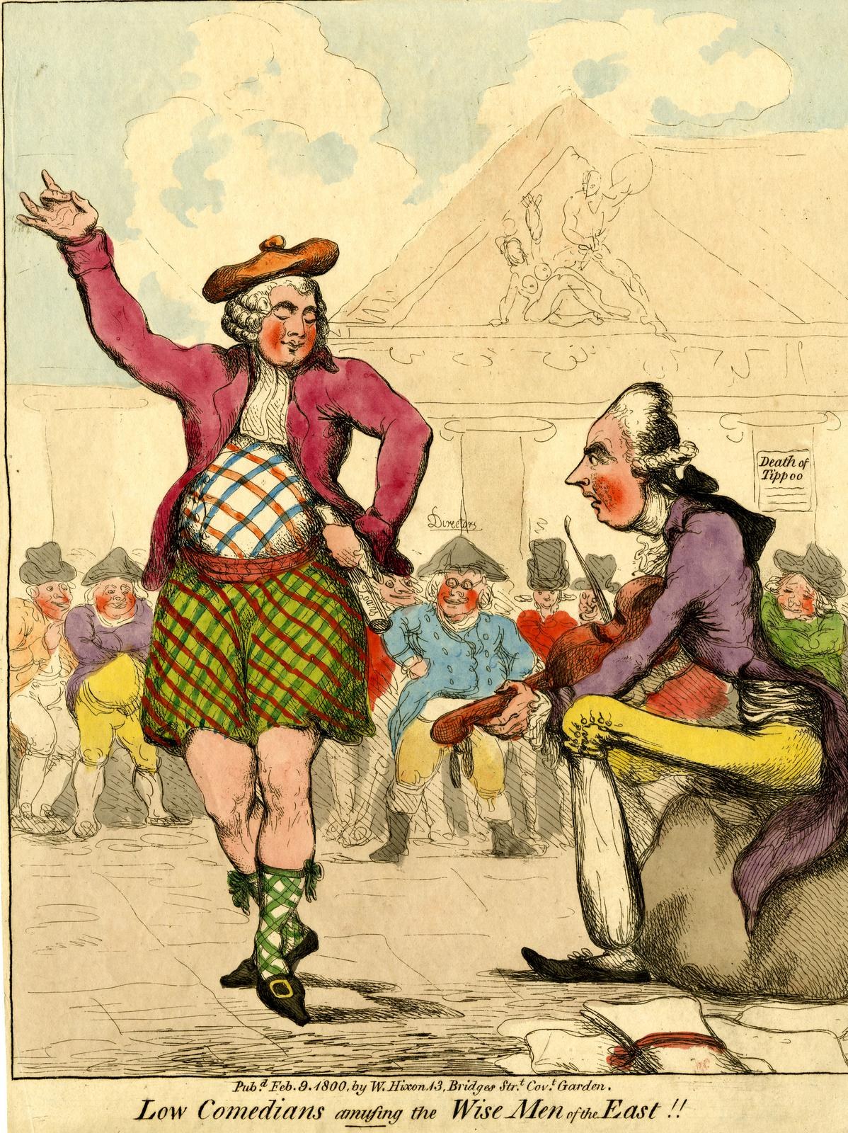 Zeichnung eines Mannes in einem Kilt und einer Frau in einem Kleid, die vor einem Publikum auf einer Bühne stehen, unter einem wolkenverhangenen Himmel, mit der Bildunterschrift 'Niedrige Komiker amüsieren die weisen Männer des Ostens' unten.