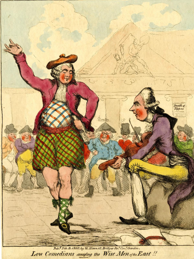Zeichnung eines Mannes in einem Kilt und einer Frau in einem Kleid, die vor einem Publikum auf einer Bühne stehen, unter einem wolkenverhangenen Himmel, mit der Bildunterschrift 'Niedrige Komiker amüsieren die weisen Männer des Ostens' unten.