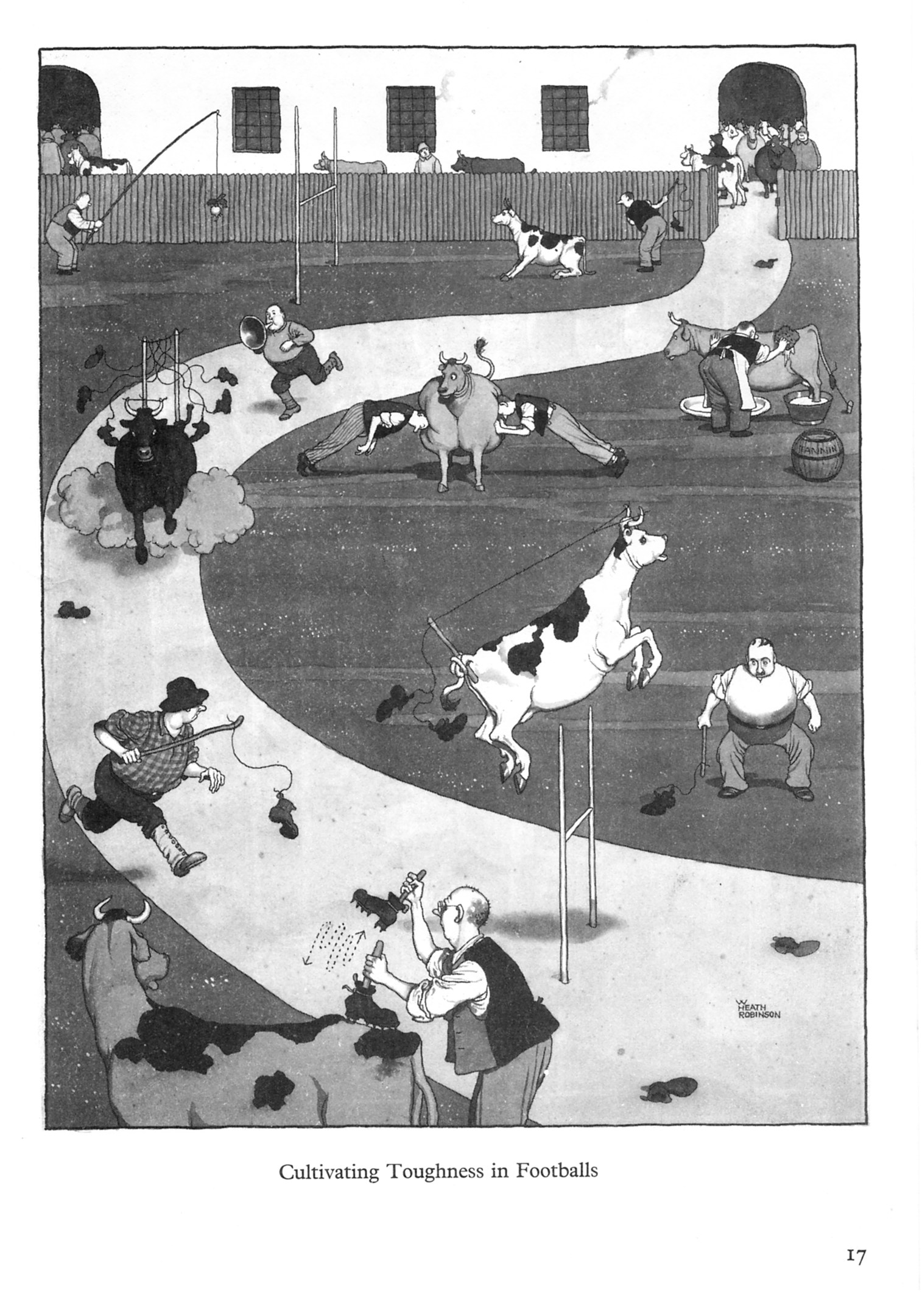 Schwarzer und weißer Zeichnung von Menschen und Tieren in einem Feld mit einer Wand und Fenstern im Hintergrund, mit dem Text "Züchtung von Robustheit im Füßball" unten.