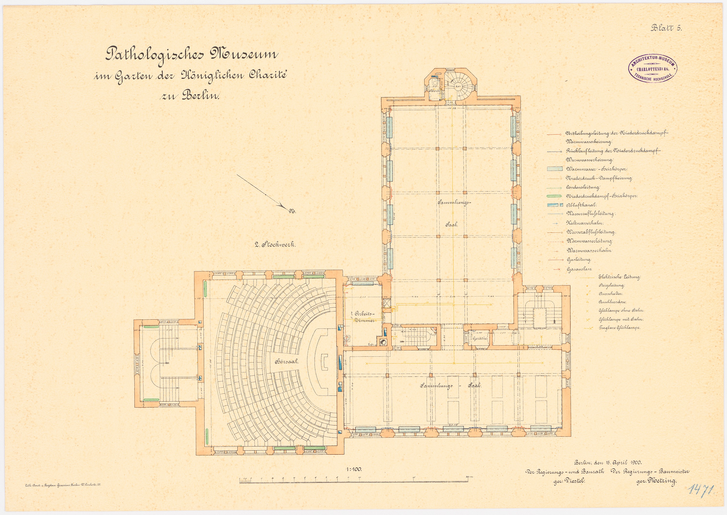 Ein detaillierter Grundrissplan der Bibliothek des Königliches Châteaux in Berlin, der verschiedene Räume, Flure und Besonderheiten mit begleitendem Text zeigt.