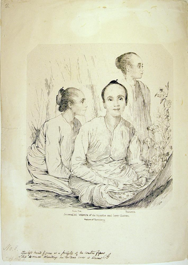 An old book featuring a drawing of three Javanese women of the middle and lower classes sitting on the ground surrounded by plants and flowers, with text at the bottom reading "Javanese Women of the Middle and Lower Classes".