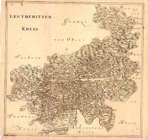 Old detailed map of Leutmeritzer Kreis, Germany, showing cities, towns, roads, landmarks, and text with additional geographic and demographic information.