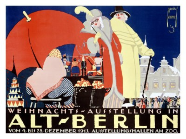 Poster advertising a Christmas exhibition in old Berlin, featuring vibrant illustrations of people, buildings, and objects with the text "Weihnachts Ausstellung in Alt-Berlin" at the top.