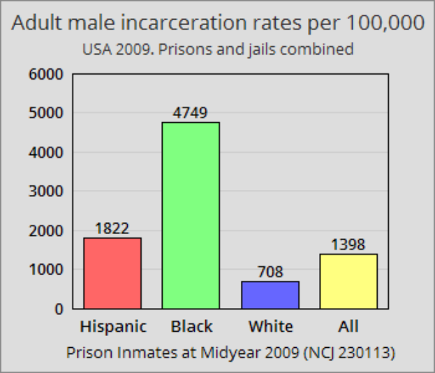 Eine Säulen-Diagramm, das die Inhaftierungsrate von erwachsenen Männern pro 100.000 in den Vereinigten Staaten zeigt, mit verschiedenen Säulenhöhen, die verschiedene Raten darstellen, und begleitendem Text, der zusätzliche Dateninformationen bereitstellt.