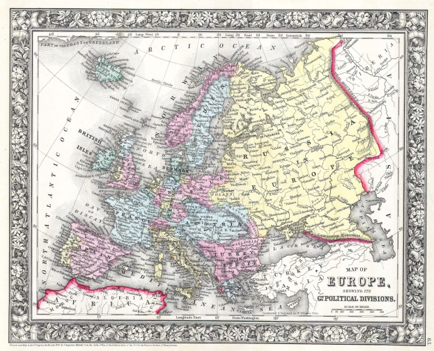A framed antique map of Europe with the British Empire's extent shaded in the background, labeled "Map of Europe showing its political divisions."