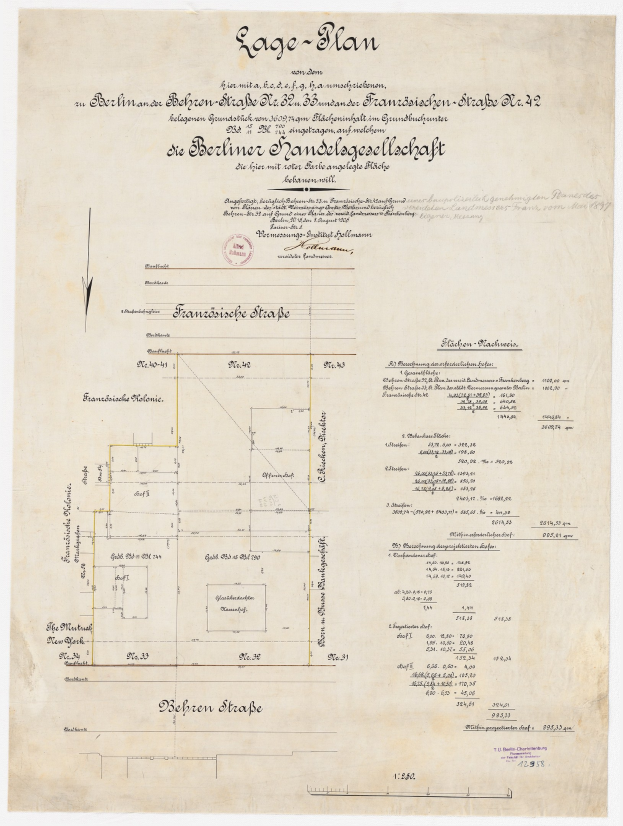Old document titled "Plan of the Berliner Handelagellachaft" featuring a building layout, handwritten text, and a stamp on the left side.
