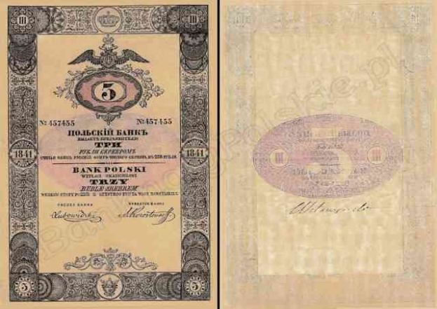 Old Polish banknote from 1841 issued by the Bank of Poland featuring a man's portrait in a decorative border.
