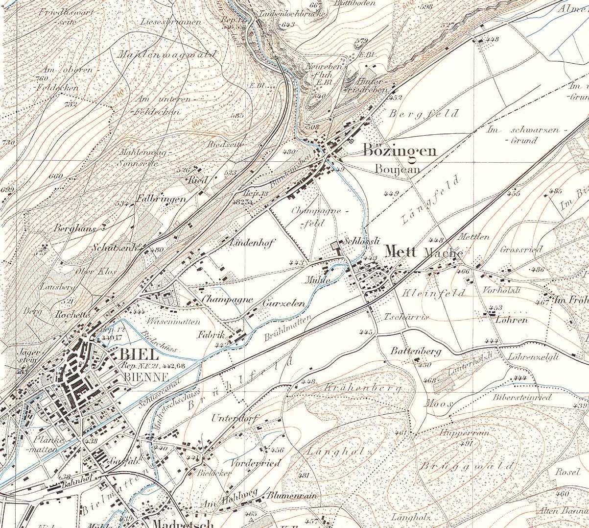 Old topographic map of Bozingen, Germany, with handwritten text and detailed terrain features.
