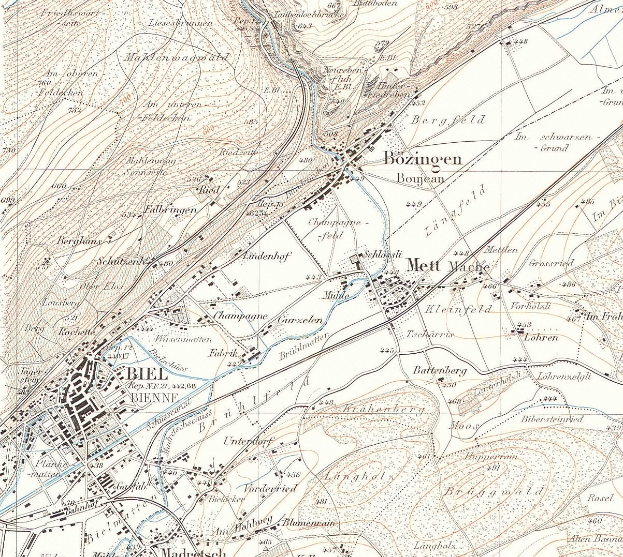 Old topographic map of Bozingen, Germany, with handwritten text and detailed terrain features.