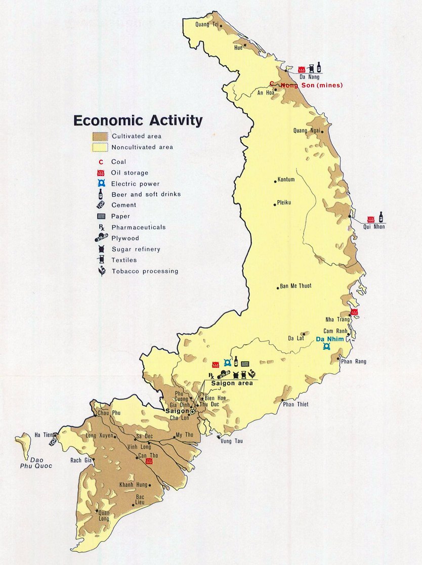 A poster of a Vietnam economic activity map with symbols and labels in blue, green, and yellow, titled "Economic Activity."