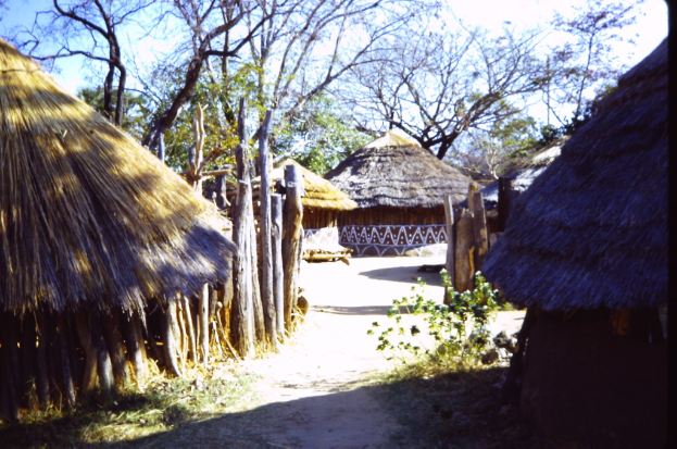 Eine Dorfszene mit Hütten, Bäumen und Gras am Boden, mit dem Himmel oben.