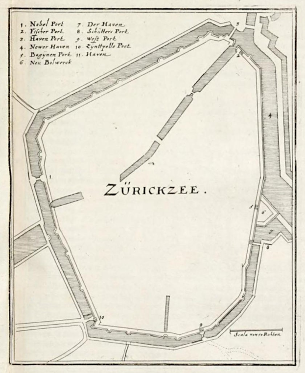 Detailierte Papierkarte von Zürich, Schweiz, mit Straßen, Gebäuden und Sehenswürdigkeiten mit handgeschriebener Text.