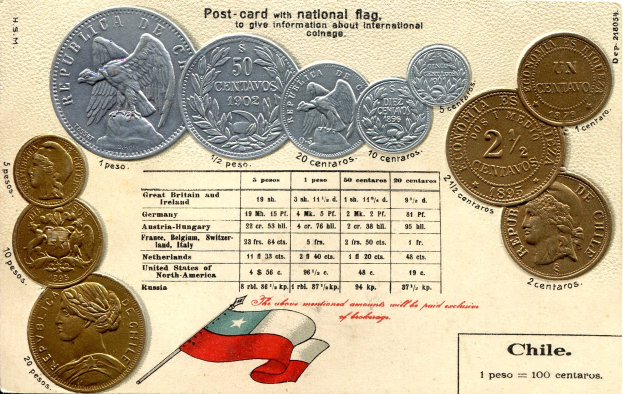 Chilenische Postkarte mit einer Flagge in der Mitte, umgeben von einer ordentlichen Anordnung von Münzen und dem Wort 'Chile' in fetter Schrift.