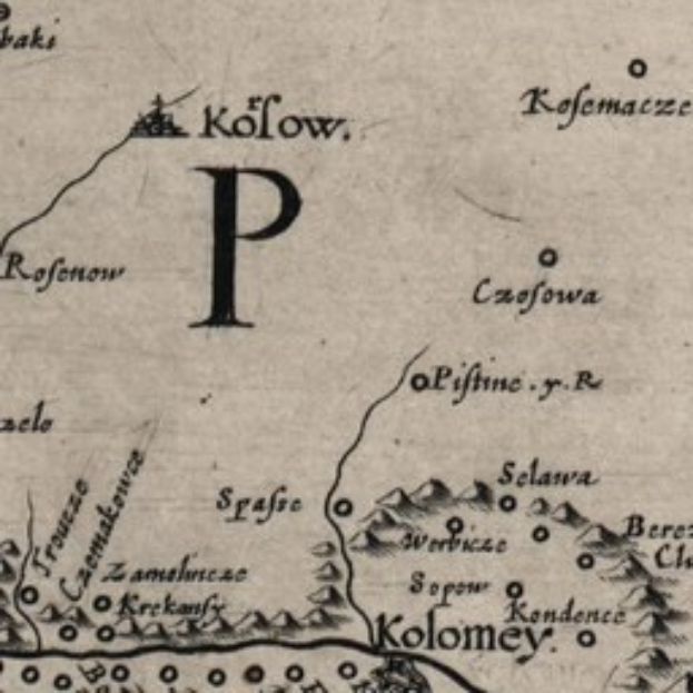 Old map of Poland with a capital 'P' at the center, displaying geographical features like mountains, rivers, and cities.