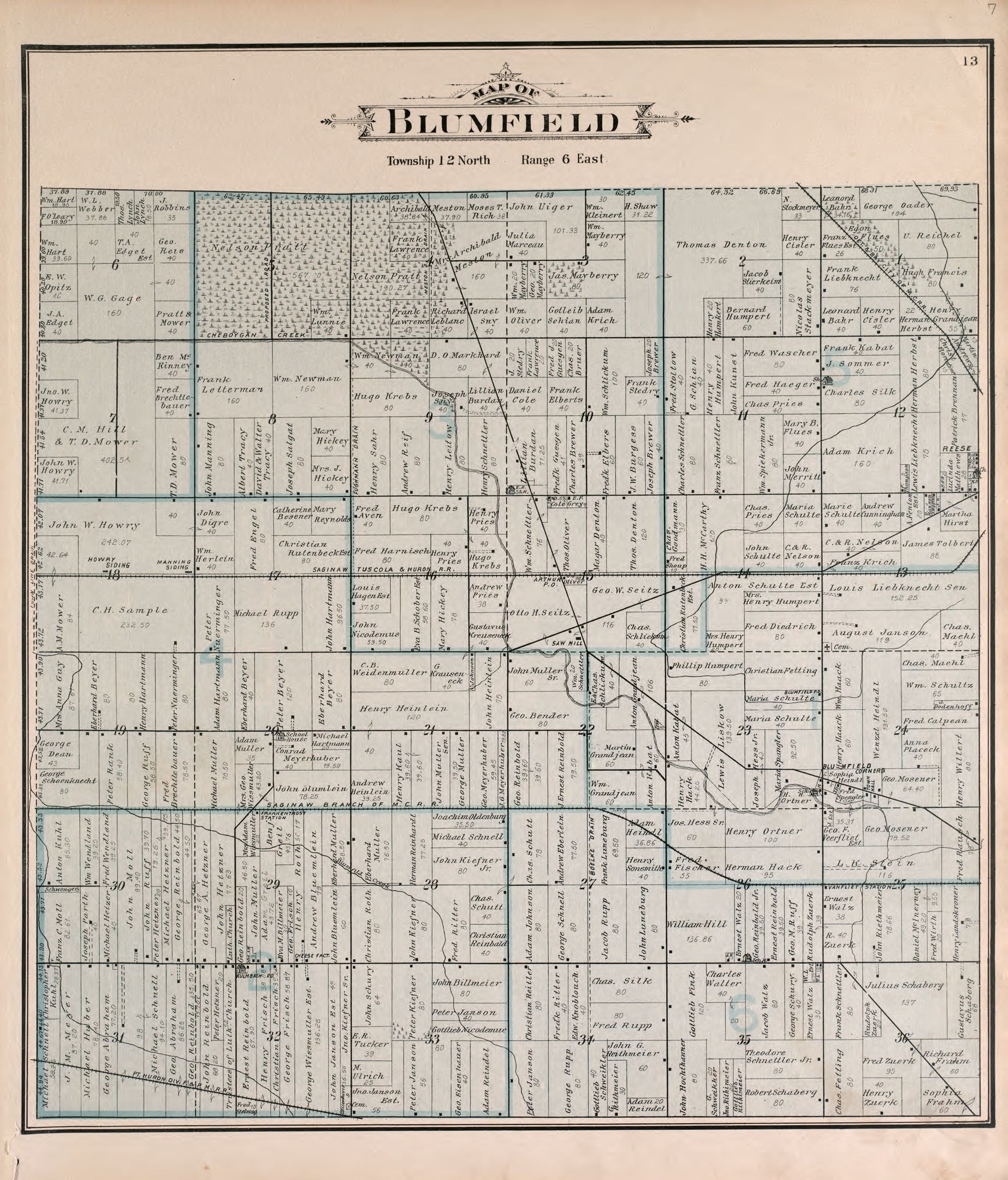 Old paper map of Blumfield, Illinois, showing streets, parks, and landmarks.