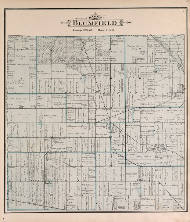 Old paper map of Blumfield, Illinois, showing streets, parks, and landmarks.