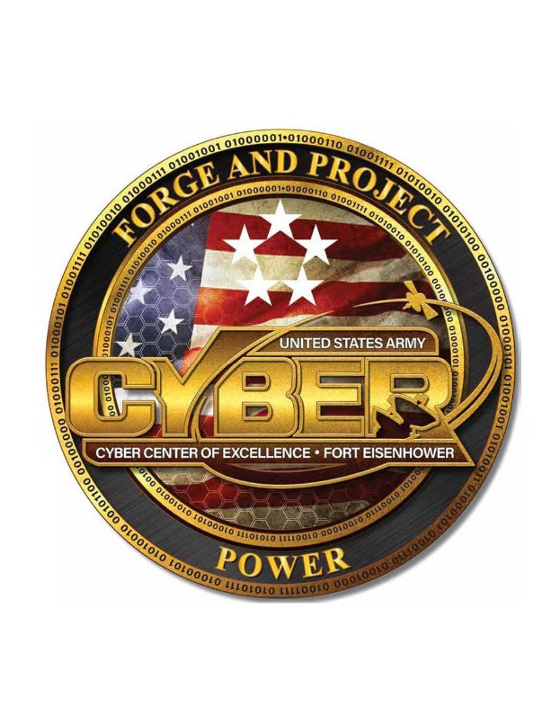 Logo of the United States Army Cyber Center of Excellence, Fort Eisenhower, featuring a blue circle with a white star and the text "Forge and Project Cyber Power" in bold black font below.