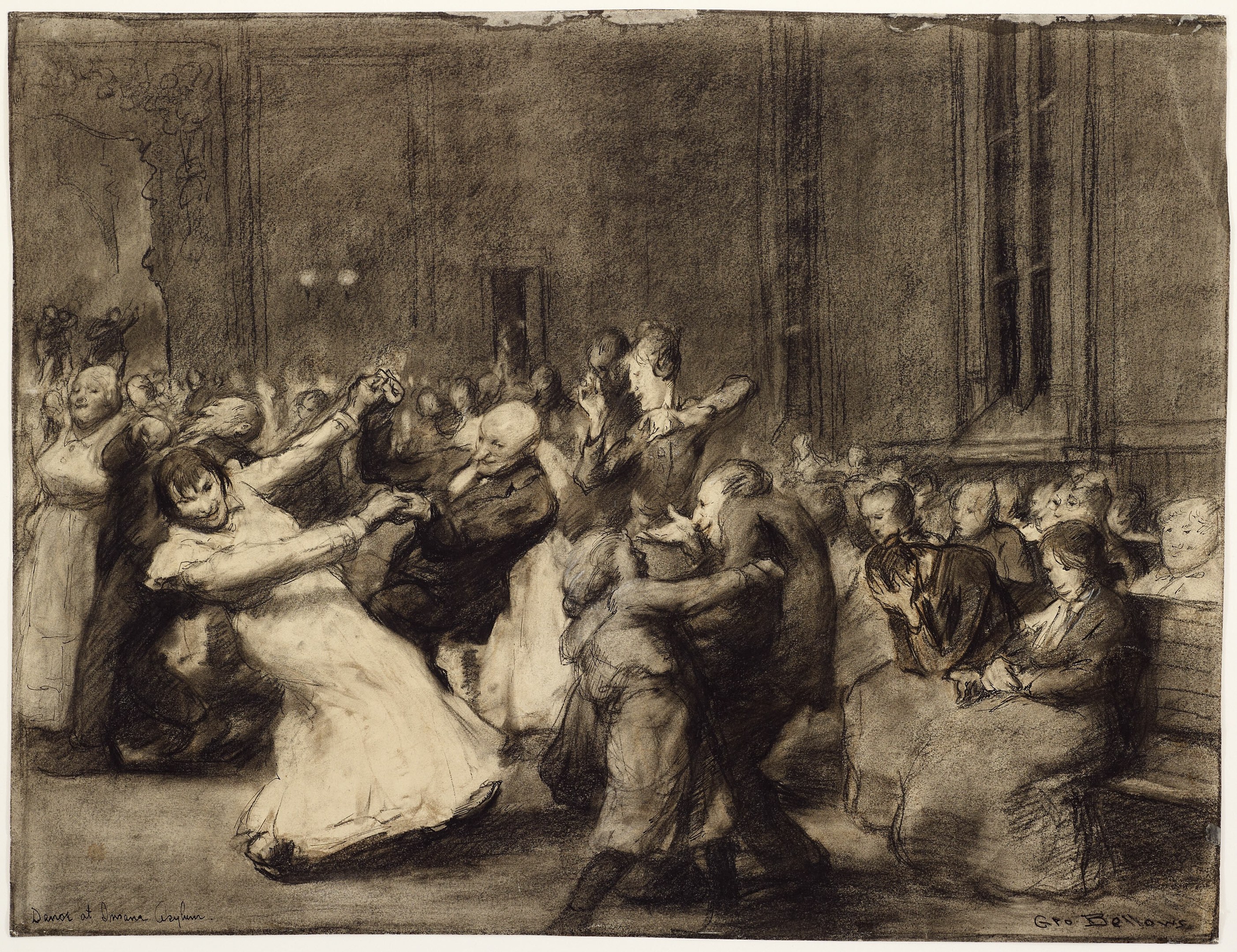 Black and white drawing of people dancing joyfully in a ballroom with an energetic, lively atmosphere.