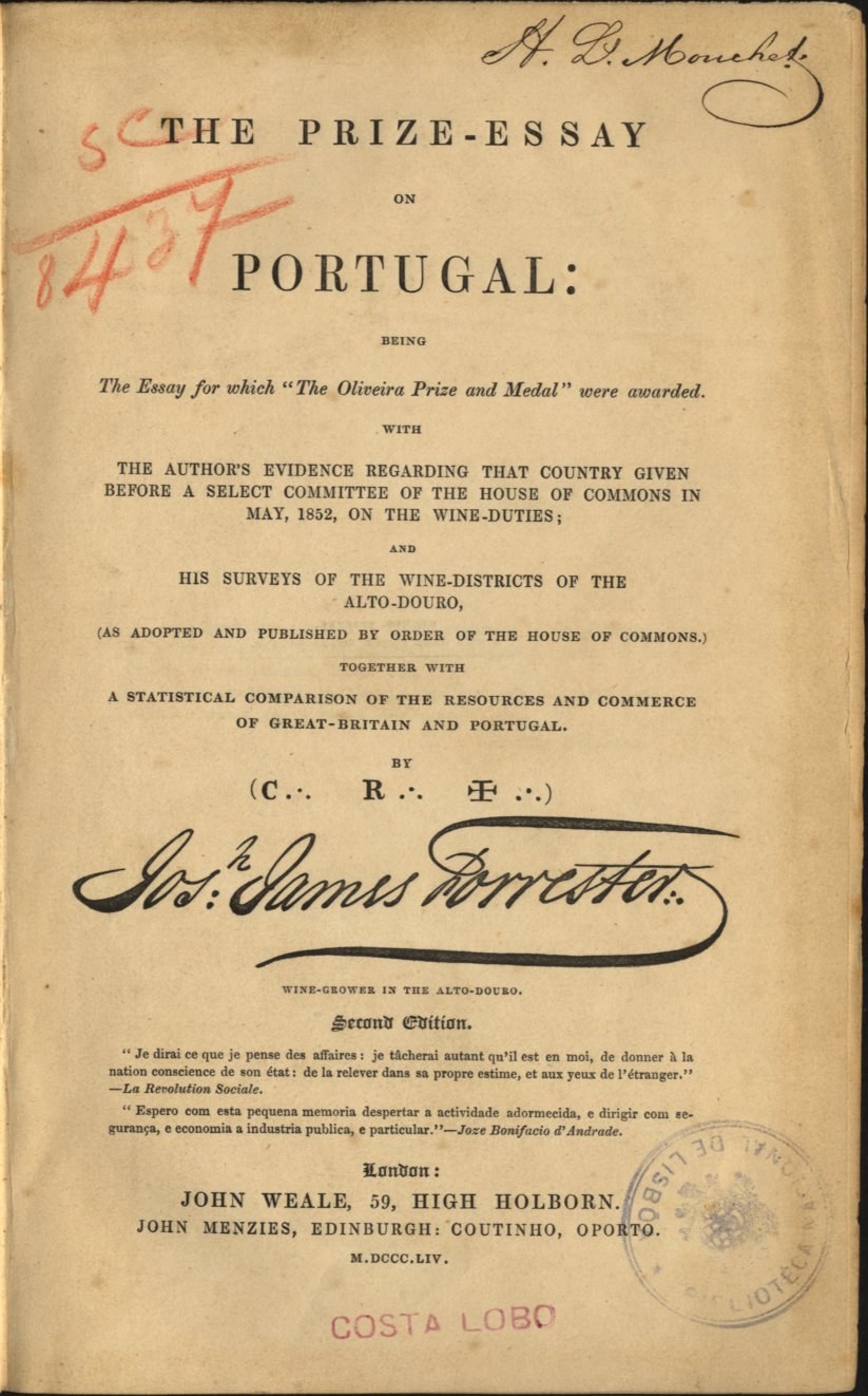 Old book titled "The Prize-Essay on Portugal" with a stamp on a black background.
