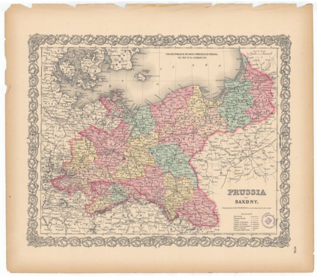 Ein altes Kartenbild von Preußen und Sachsen, das ihre Grenzen zeigt, auf Papier gedruckt.