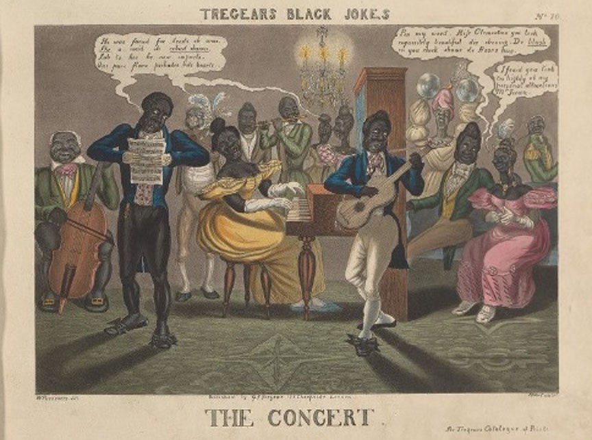 A group of people playing musical instruments in a room with a chandelier and a cupboard in the background, with text reading "Tregear's Black Jokes: The Concert" at the bottom.