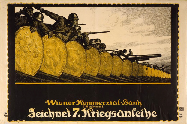 Ein deutsches Propagandaplakat aus dem Zweiten Weltkrieg, das eine Gruppe von Helmi tragenden Individuen zeigt, die Waffen halten, mit 'Wiener Kommmerzial Bank' unten.