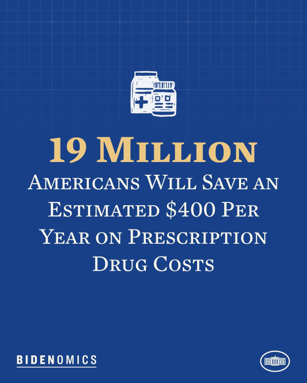 Blauer Hintergrund mit weißer Schrift und einem Logo, das '19 Millionen Amerikaner werden geschätzte 400 USD pro Jahr an Arzneikosten sparen'.