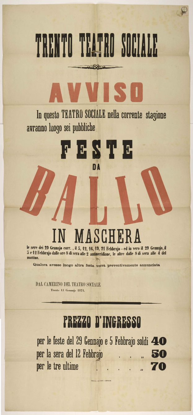 Plakat, das ein altes Festival in Maschera, Italien, ankündigt, mit Text, der das Ereignis beschreibt.