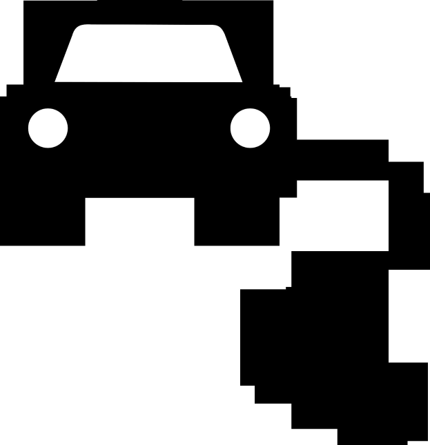 Schwarz-weißes Icon eines Elektroautos, das in eine Stromleitung eingesteckt ist.