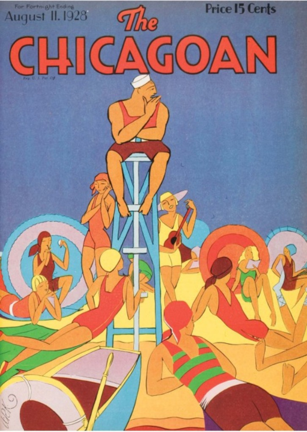 Titelbild mit Text oben, das Menschen in Badesachen, ein Boot, Schlauchboote und einen Hocker zeigt.