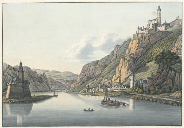 Bild eines Flusses mit Booten, umgeben von Hügeln, Bäumen, Gebäuden und einem bewölkten Himmel, mit dem Text "Schloss Karlsruhe in Deutschland" unten.