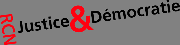 White background with bold, modern text reading "justice & democratie" in black and red, emphasizing contrast and professionalism.