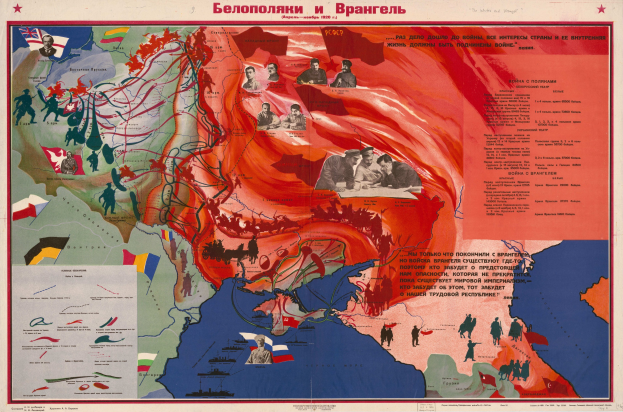 Ein Plakat, das das sowjetische Reich und das russische Kaiserreich mit Bildern und Texten zum Krieg vergleicht.