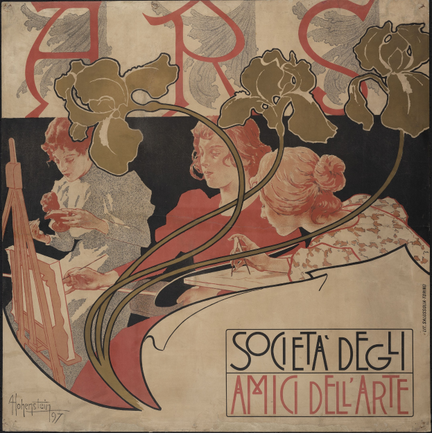 Plakat für die Gesellschaft für Kunst von Alphonse Mucha, das drei stilisierte Figuren auf einem hellgelben Hintergrund mit schwarzer Schrift zeigt.