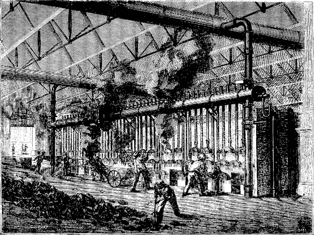 Black and white illustration of a busy 1910s steel mill factory interior with workers, machinery, and structural elements.