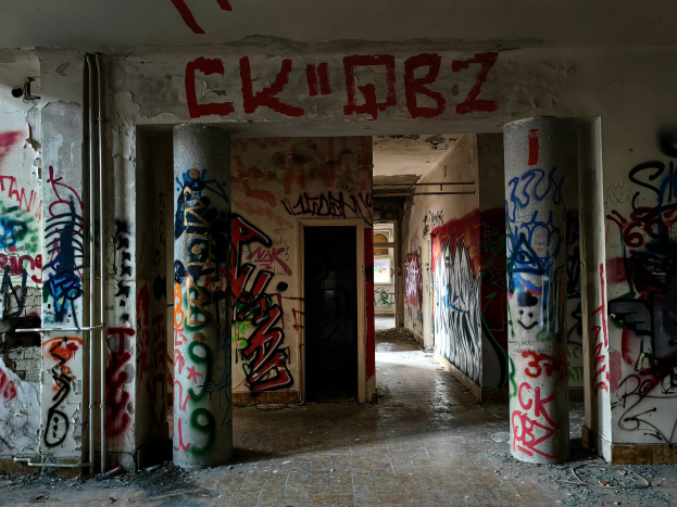 Abandoned building with graffiti-covered walls, pillars, exposed pipes, and a visible floor, featuring a door in the background.