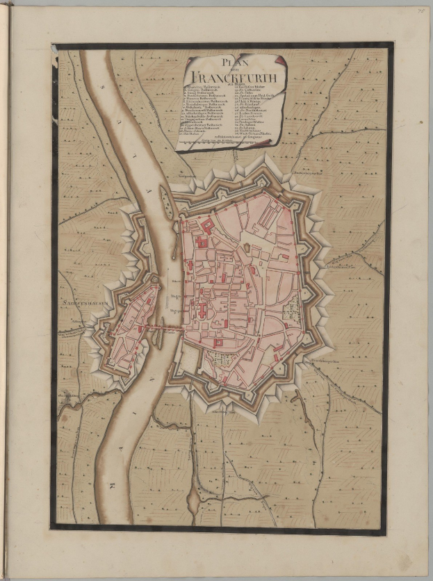 Ein altes Buch mit einer detaillierten historischen Karte von Frankfurt, Deutschland, mit sichtbaren Straßennamen, Gebäuden und Sehenswürdigkeiten.
