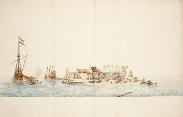 Ein Plakat mit Schiffen, Booten, Häusern, einer Hütte, Pfählen, einer Flagge und Wasser.