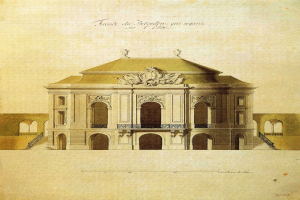 Ein detailliertes Bild eines 17. Jahrhundert-Konzertsaals mit Kuppel, verziert mit kunstvollen Fenstern, Bögen, Säulen und Stufen zum Eingang, mit Text oben auf dem Bild.