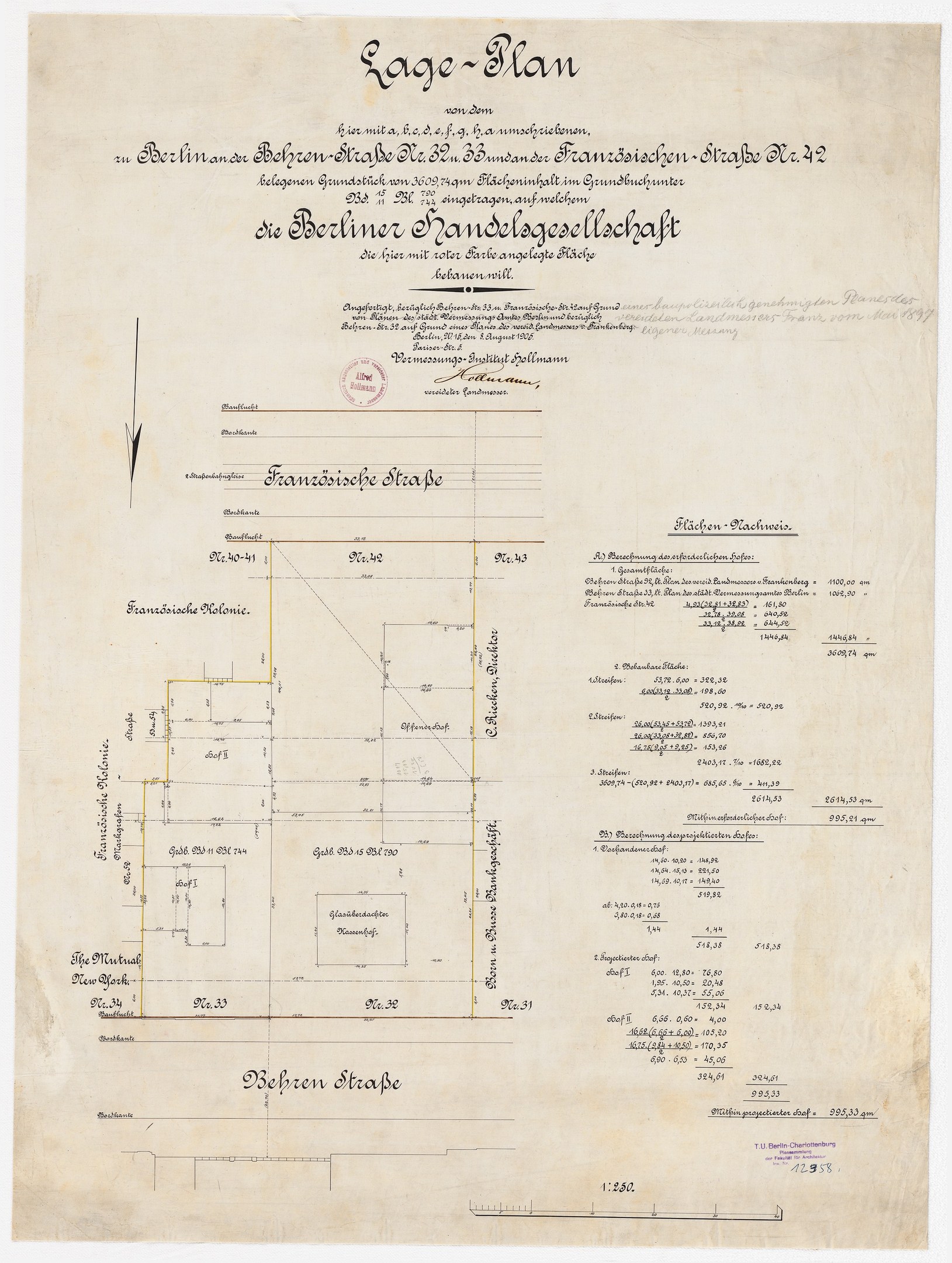 Black-and-white architectural plan of the Berliner Handelagellachaft on aged paper with German text and a left-side stamp.