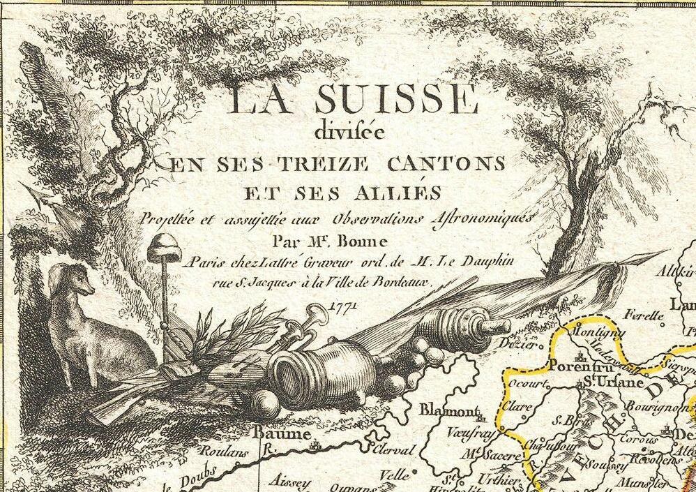 Ein Plakat mit einer Karte der Schweizer Landschaft, die mit Illustrationen von Bäumen, Tieren und anderen Gegenständen versehen ist und von Text begleitet wird.