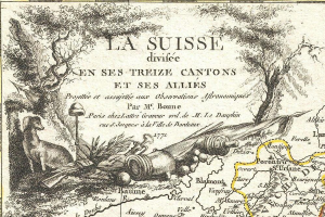 Ein Plakat mit einer Karte der Schweizer Landschaft, die mit Illustrationen von Bäumen, Tieren und anderen Gegenständen versehen ist und von Text begleitet wird.