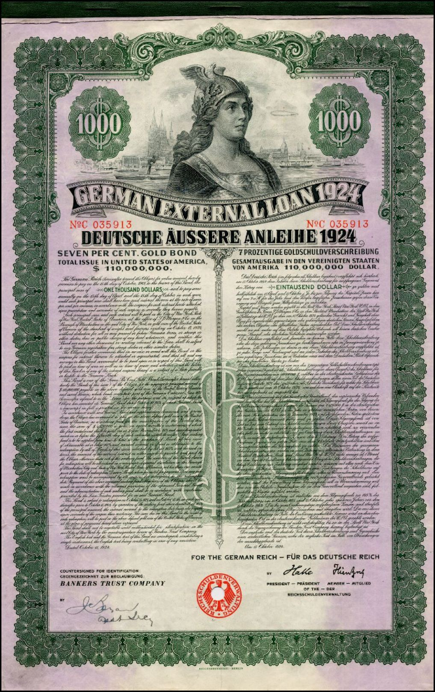 Deutsches Auslandsdarlehen-Zertifikat aus dem Jahr 1924 mit einem Porträt einer Frau, mit gedrucktem Text und numerischen Denominationen.
