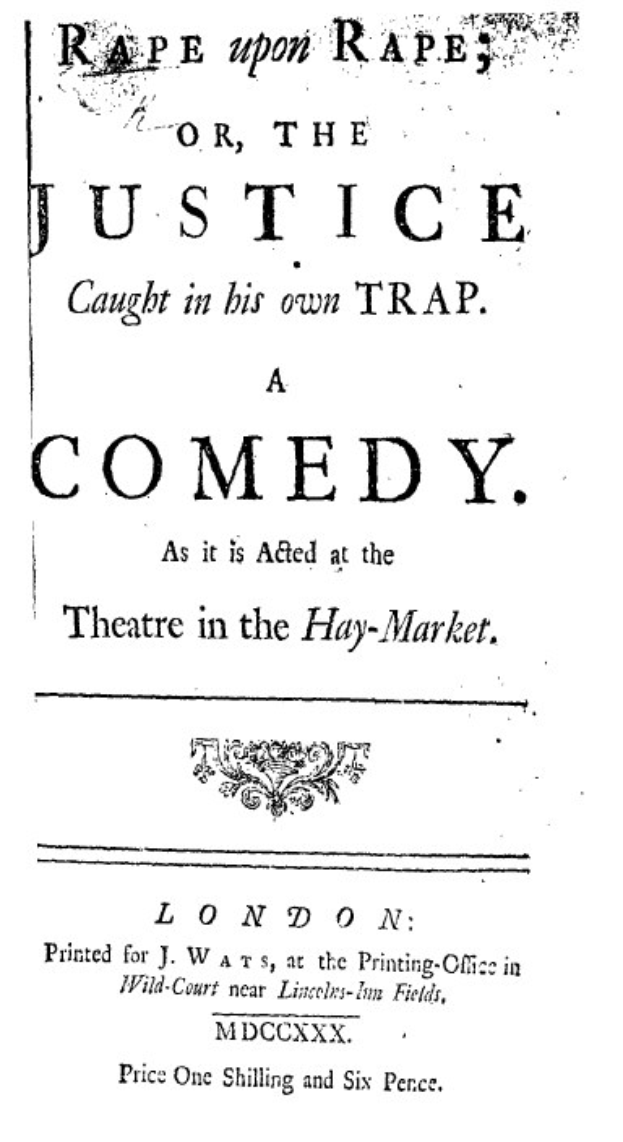 Schwarzes und weißes Plakat mit fetter schwarzer Schrift, die 'Vergewaltigung über Vergewaltigung oder die Justiz in seiner eigenen Falle' lautet, wahrscheinlich Ankündigung einer Comedy-Show.