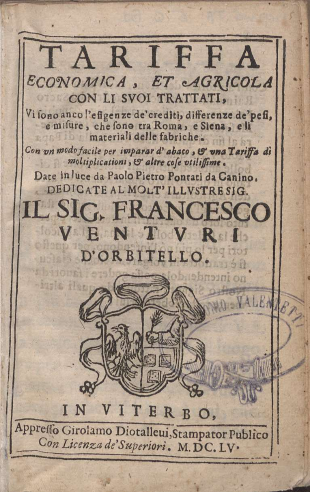 Ein altes Buch mit dem Titel "Tariffa Economica e Agricola" von Paolo Molti, das ein Wappen und dekorativen Text auf dem Cover zeigt.