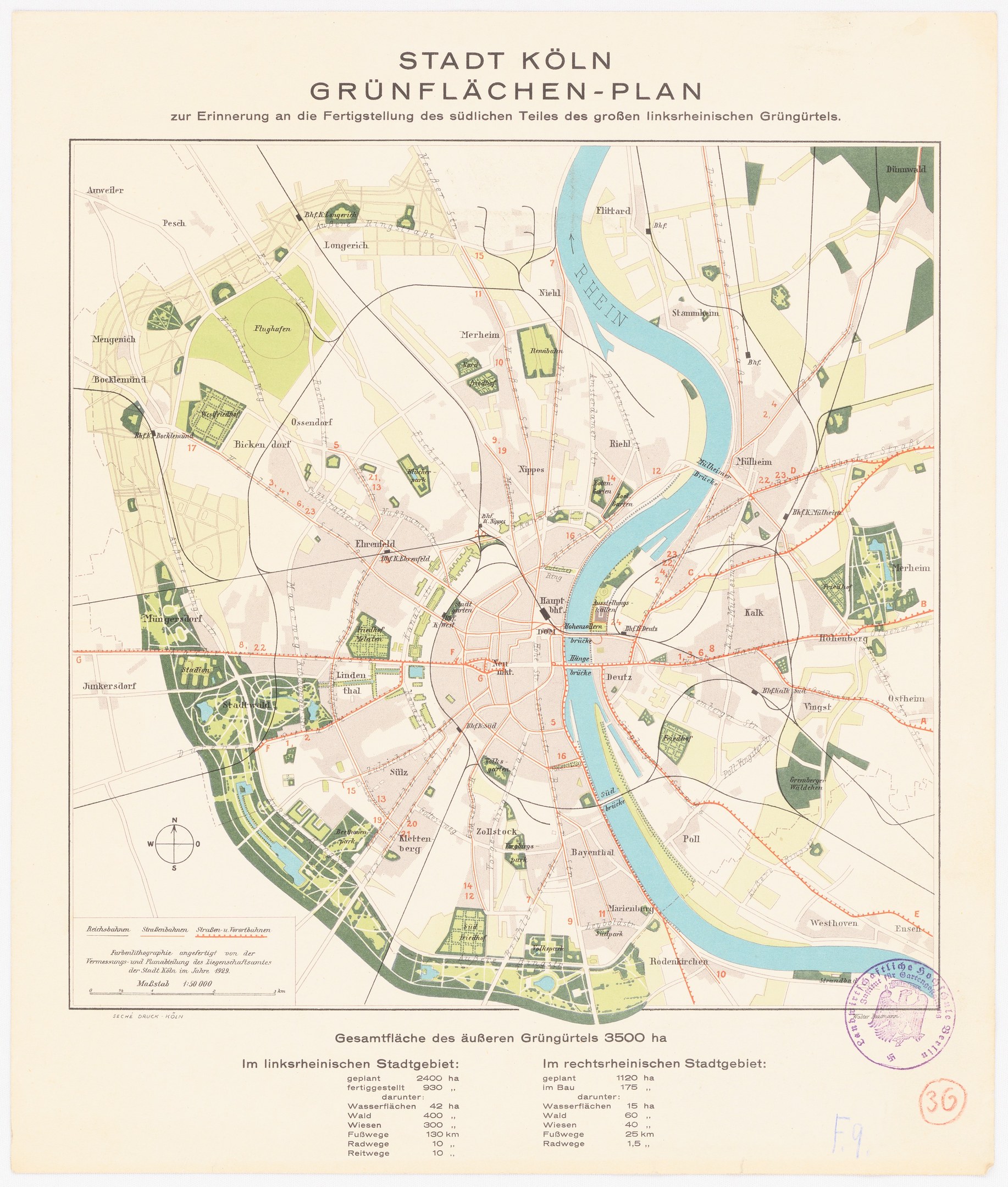 Detailed old map of Stadt Köln, Germany, featuring text and a stamp.