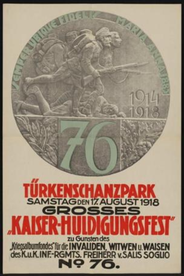 Poster for the 70th anniversary of the Kaiser-Huldigungsfest in Berlin, Germany, featuring a group of people surrounded by text and numbers in a framed design.