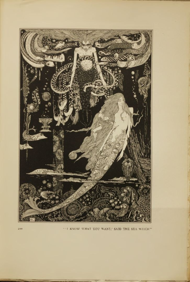 Open book titled "I Know What You Want, Said the Sea Witch" by Arthur Rackham, featuring a detailed black and white mermaid illustration in a whimsical font.